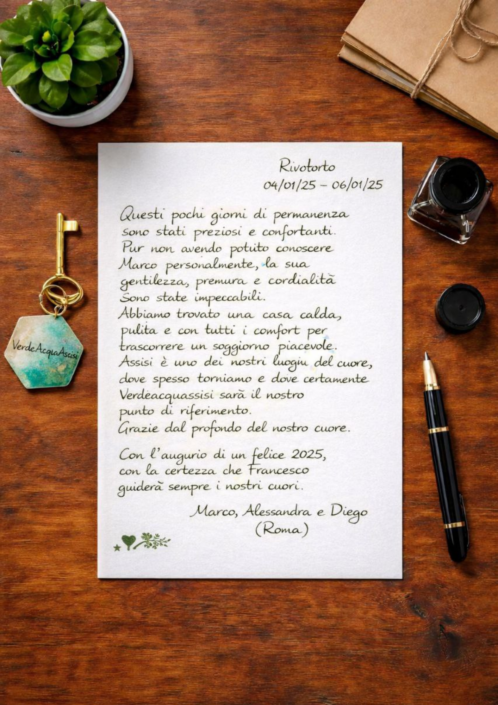 2025.01.04 Recensione scritta a mano nel libro degli ospiti di Verdeacquassisi, casa vacanze ad Assisi in Umbria – 4 gennaio 2025