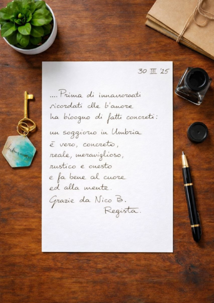 2025.03.30 Recensione scritta a mano nel libro degli ospiti di Verdeacquassisi, casa vacanze ad Assisi in Umbria – 30 marzo 2025