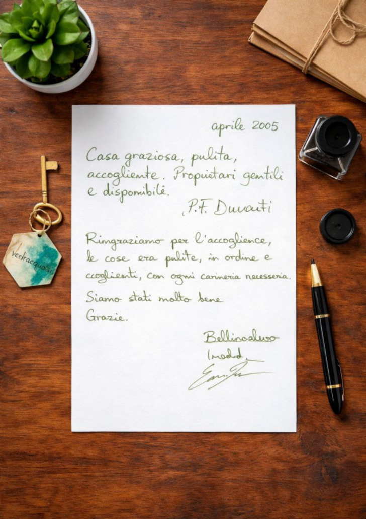 2025.04.01 Recensione scritta a mano nel libro degli ospiti di Verdeacquassisi, casa vacanze ad Assisi in Umbria – 1 aprile 2025