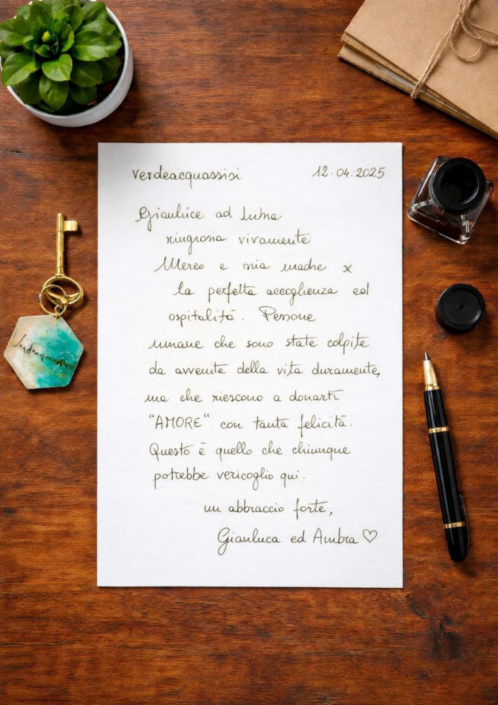 2025.04.12 Recensione scritta a mano nel libro degli ospiti di Verdeacquassisi, casa vacanze ad Assisi in Umbria – 12 aprile 2025