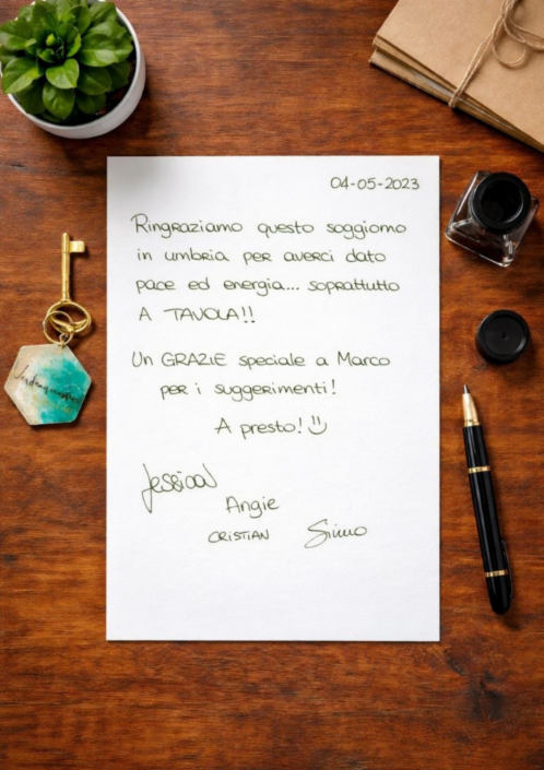 2025.05.04 Recensione scritta a mano nel libro degli ospiti di Verdeacquassisi, casa vacanze ad Assisi in Umbria – 4 maggio 2025