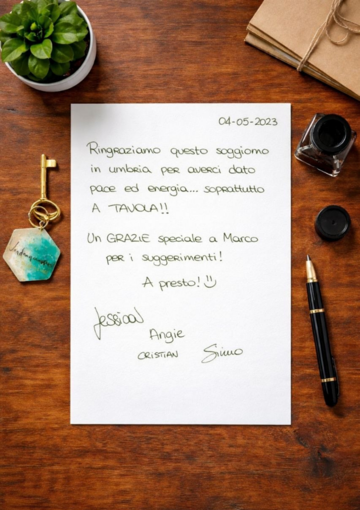 2025.05.04 Recensione scritta a mano nel libro degli ospiti di Verdeacquassisi, casa vacanze ad Assisi in Umbria – 4 maggio 2025