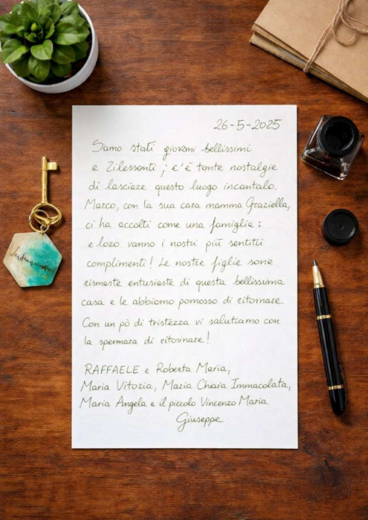 2025.05.26 Recensione scritta a mano nel libro degli ospiti di Verdeacquassisi, casa vacanze ad Assisi in Umbria – 26 maggio 2025