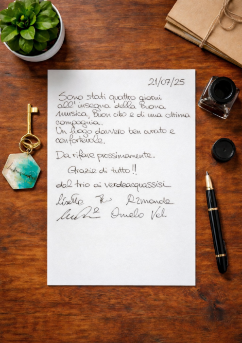 2025.07.21 Recensione scritta a mano nel libro degli ospiti di Verdeacquassisi, casa vacanze ad Assisi in Umbria – 21 luglio 2025