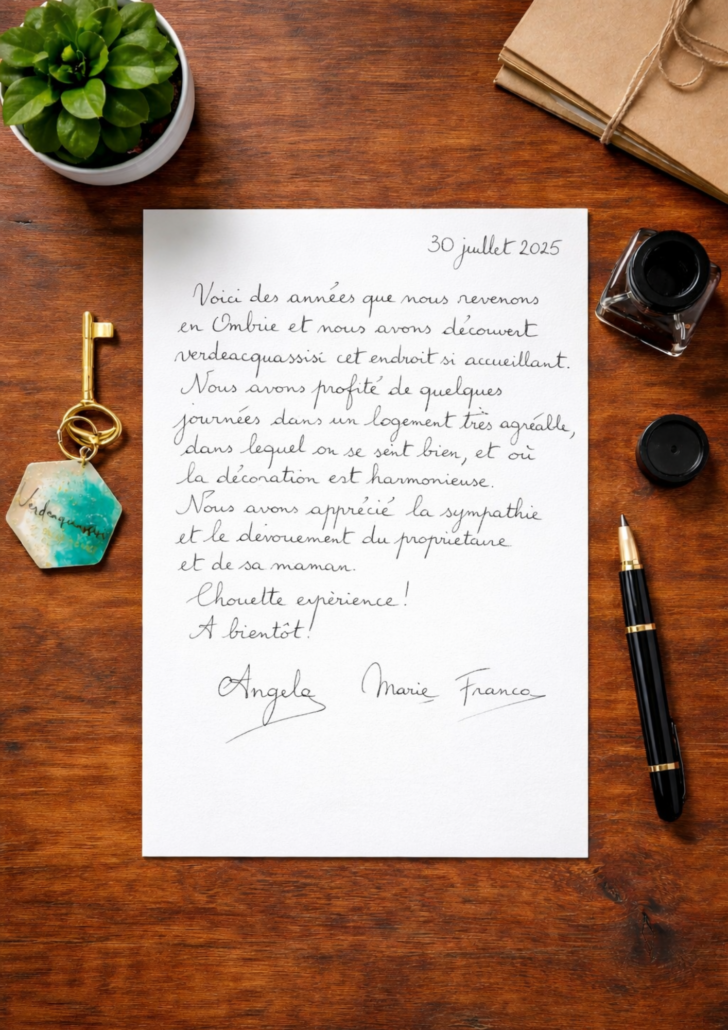 2025.07.30 Recensione scritta a mano nel libro degli ospiti di Verdeacquassisi, casa vacanze ad Assisi in Umbria – 30 luglio 2025