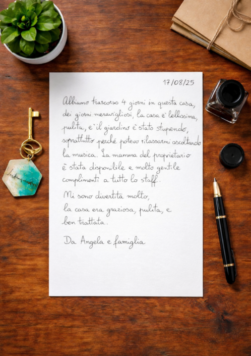 2025.08.17 Recensione scritta a mano nel libro degli ospiti di Verdeacquassisi, casa vacanze ad Assisi in Umbria – 17 agosto 2025