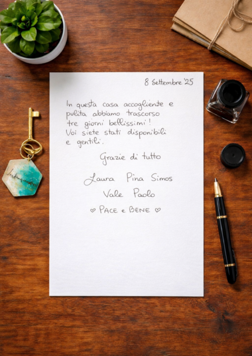2025.09.08 Recensione scritta a mano nel libro degli ospiti di Verdeacquassisi, casa vacanze ad Assisi in Umbria – 8 settembre 2025
