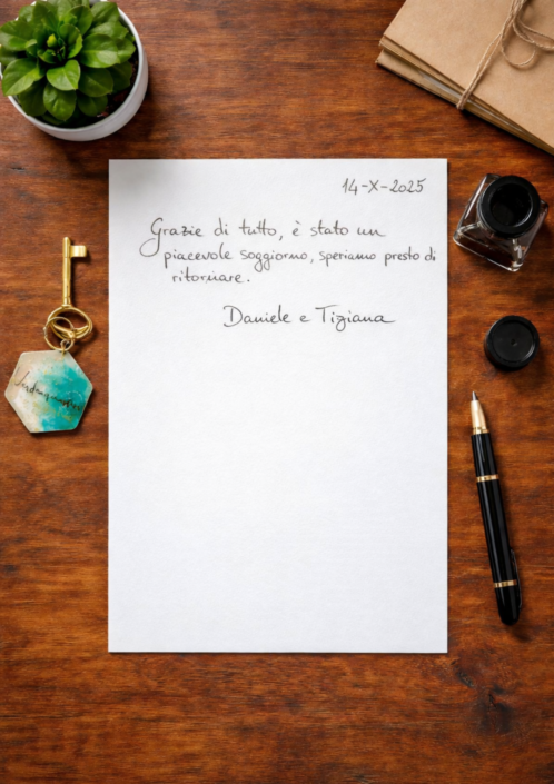 2025.10.14 Recensione scritta a mano nel libro degli ospiti di Verdeacquassisi, casa vacanze ad Assisi in Umbria – 14 ottobre 2025