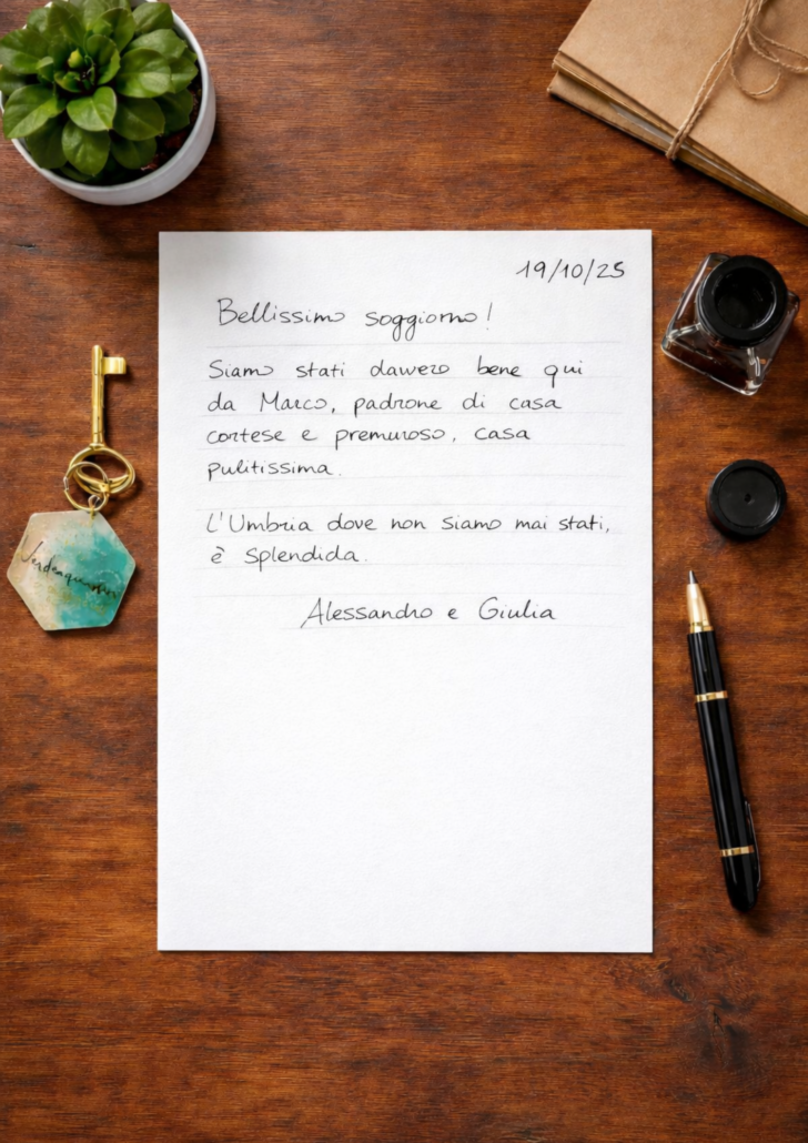 2025.10.19 Recensione scritta a mano nel libro degli ospiti di Verdeacquassisi, casa vacanze ad Assisi in Umbria – 19 ottobre 2025
