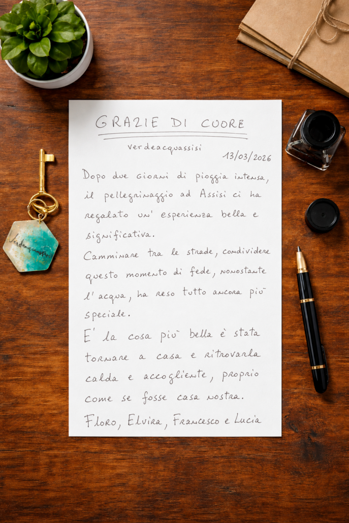 2026.03.13 Recensione scritta a mano nel libro degli ospiti di Verdeacquassisi, casa vacanze ad Assisi in Umbria – 13 marzo 2026