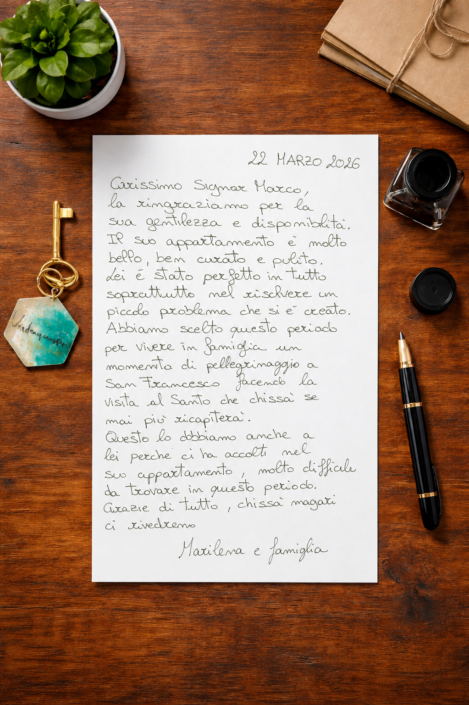 2026.03.22 Recensione scritta a mano nel libro degli ospiti di Verdeacquassisi, casa vacanze ad Assisi in Umbria – 22 marzo 2026