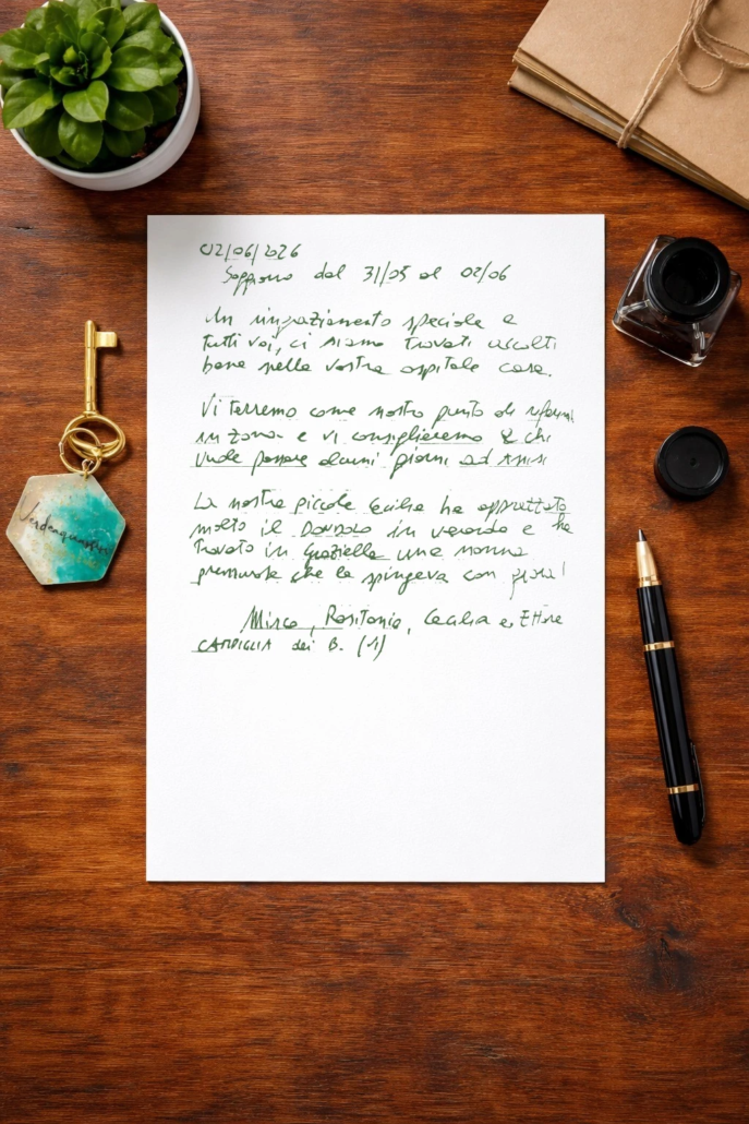 2026.06.02 Recensione scritta a mano nel libro degli ospiti di Verdeacquassisi, casa vacanze ad Assisi in Umbria – 2 giugno 2026