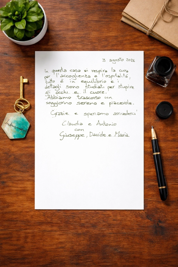 2026.08.03 Recensione scritta a mano nel libro degli ospiti di Verdeacquassisi, casa vacanze ad Assisi in Umbria – 3 agosto 2026