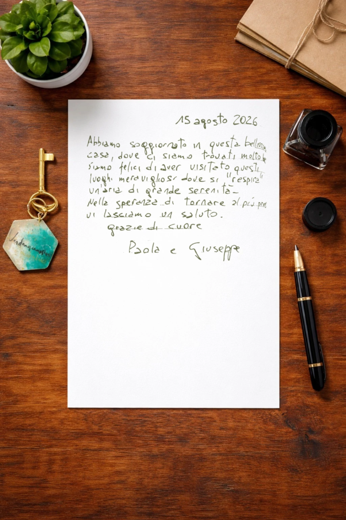 2026.08.15 Recensione scritta a mano nel libro degli ospiti di Verdeacquassisi, casa vacanze ad Assisi in Umbria – 15 agosto 2026
