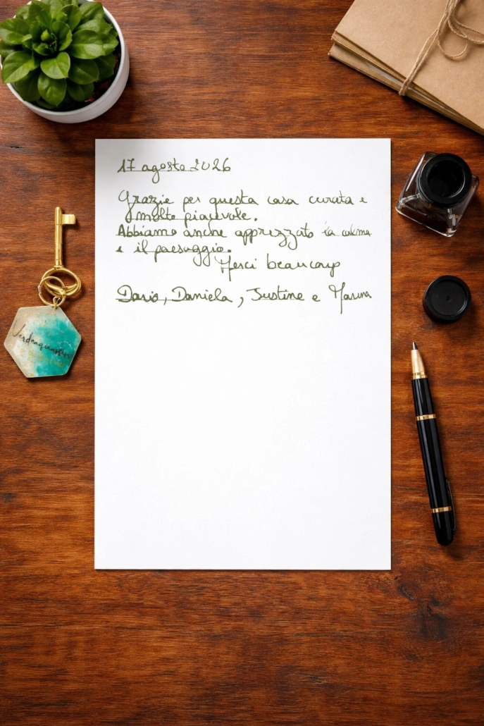2026.08.17 Recensione scritta a mano nel libro degli ospiti di Verdeacquassisi, casa vacanze ad Assisi in Umbria – 17 agosto 2026